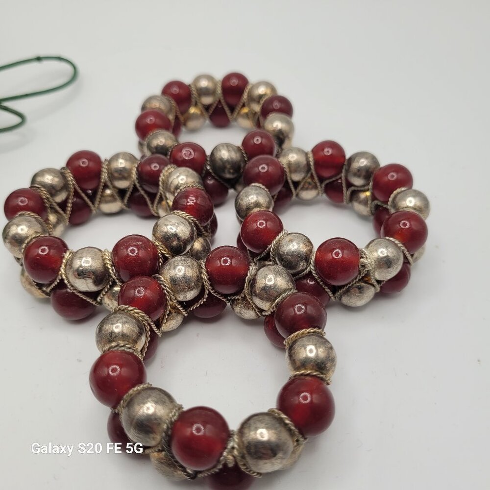 RED Glass and Metal Beaded Napkin Rings Set of 4